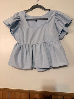 Express Light Blue Flutter Sleeve Peplum Top
